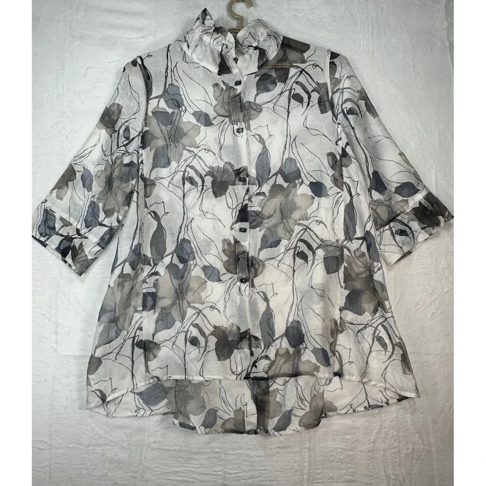 IC by Connie K Womens Burnout Floral Sheer Tunic XL Wire Ruffle Collar Lagenlook